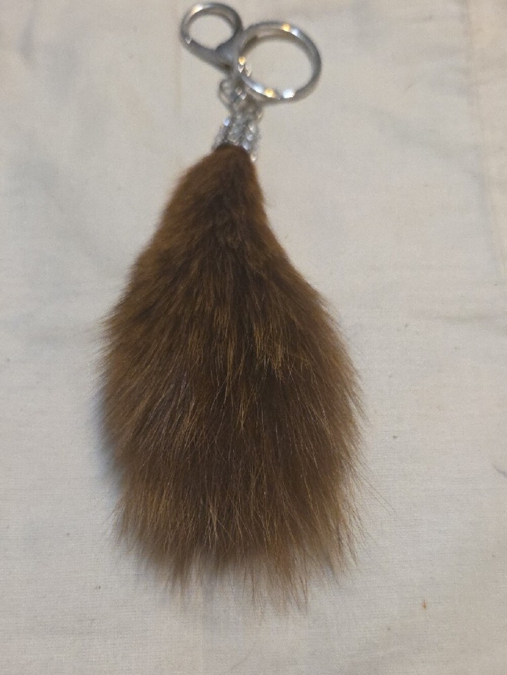 Brown Rabbit Fur Pom Keychain with SilverRhinestone Hardware - Women Accessories